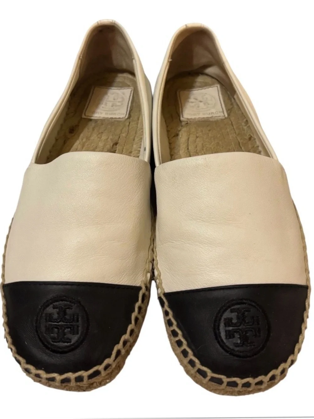 Tory Burch Cream and Black Slip-On Espadrilles, Size 9